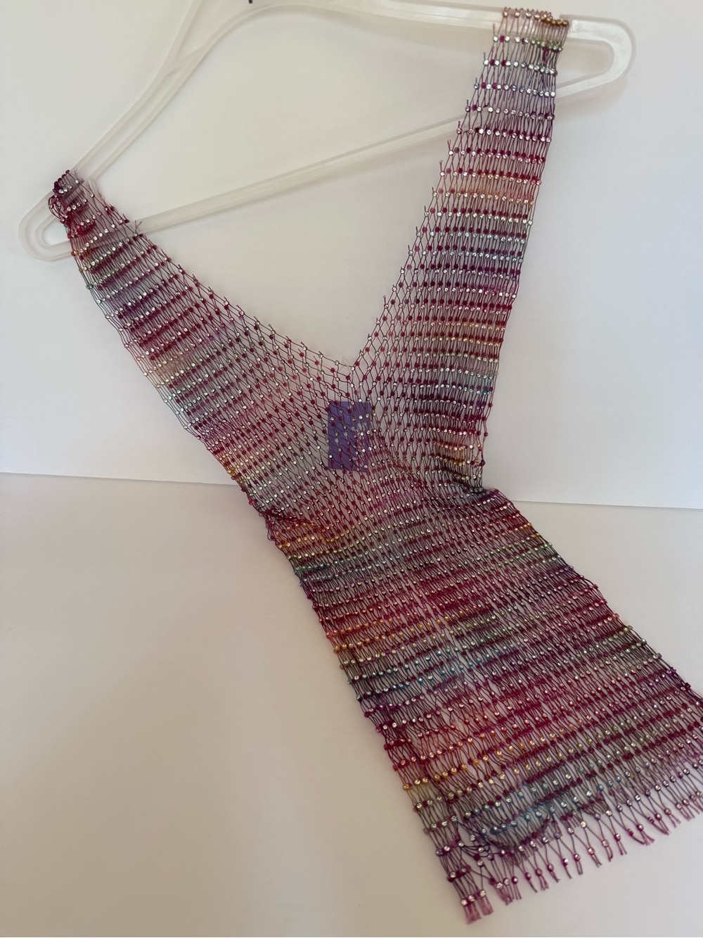 Beaded Mesh Knit Tank Top in Multicolor Pink